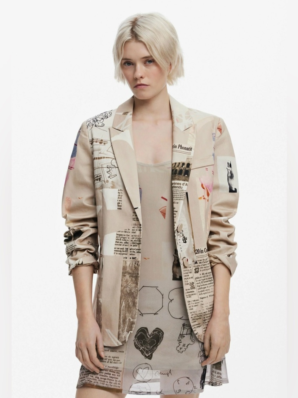 Desigual Newspaper Collage Print Blazer 
designed by Monsieur Christian Lacroix